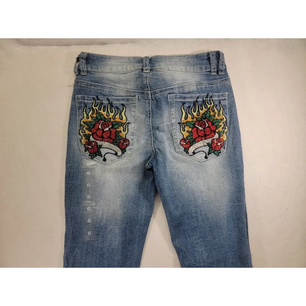 Ninth Hall Alyssia Embroidered Rose Flame Rhinestone Jeans Bootcut NWOT Sz‎ 6